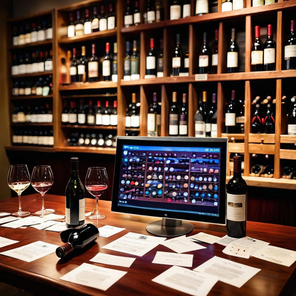 A beautifully arranged wooden table featuring an array of wine bottles with elegant labels, surrounded by tasting notes scattered around. In the background, a digital screen displays a colorful wine catalog, showcasing various wine types and ratings. Soft warm lighting casts a cozy atmosphere, inviting viewers to explore the world of wine management. The scene conveys an upscale, sophisticated vibe, blending tradition with technology. vibrant colors. super-realistic.