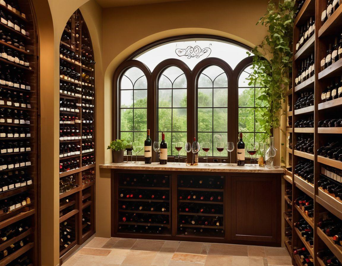 A beautifully organized wine cellar featuring various high-end wine accessories like racks, aerators, and temperature control devices. The scene captures a soft ambient light, highlighting carefully stored wine bottles with elegant labels. Include a well-designed notebook lying open, documenting tasting notes and storage guides. Lush green vines visible through an arched window add a touch of nature. super-realistic. warm colors. cozy atmosphere.
