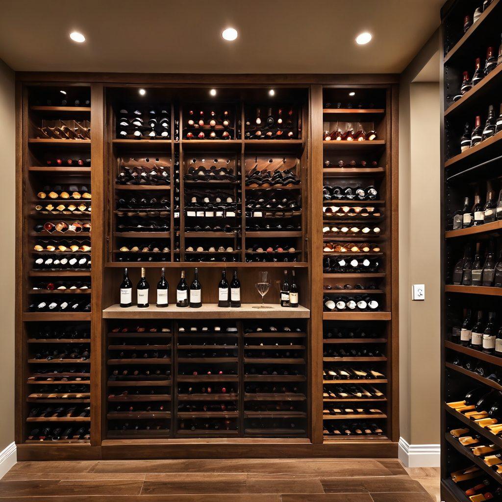 A sophisticated home wine cellar showcasing neatly organized wine bottles in a digital inventory format displayed on a sleek tablet. The scene features elegant wine accessories such as corkscrews, glasses, and wine racks, all illuminated by soft ambient lighting. A backdrop of wooden shelves and vine motifs adds charm and sophistication. super-realistic. warm tones. cozy atmosphere.
